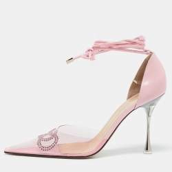 Mach & Mach Pink Leather and PVC Crystal Embellished Bow Ankle Wrap Sandals Size 40.5