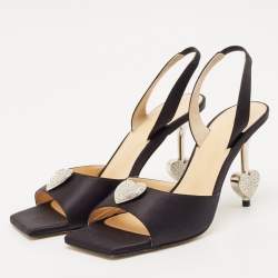 Mach & Mach Black Satin Crystal Heart Slingback Sandals Size 37.5