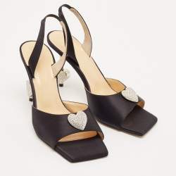 Mach & Mach Black Satin Crystal Heart Slingback Sandals Size 37.5