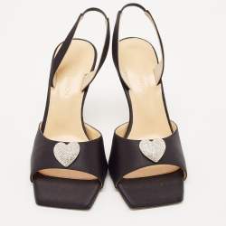 Mach & Mach Black Satin Crystal Heart Slingback Sandals Size 37.5