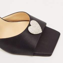 Mach & Mach Black Satin Crystal Heart Slingback Sandals Size 37.5
