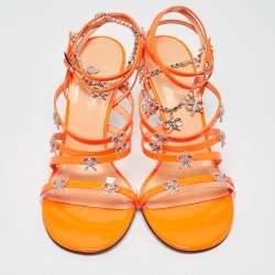Mach & Mach Neon Orange Patent Leather Crystal Bow Camille Sandals Size 38