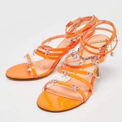 Mach & Mach Neon Orange Patent Leather Crystal Bow Camille Sandals Size 38