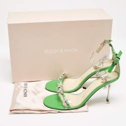 Pre Owned Mach & Mach Green Patent Leather and PVC Floating Crystal Bow Sandals Size 38