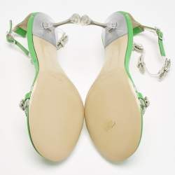 Pre Owned Mach & Mach Green Patent Leather and PVC Floating Crystal Bow Sandals Size 38