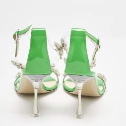 Pre Owned Mach & Mach Green Patent Leather and PVC Floating Crystal Bow Sandals Size 38