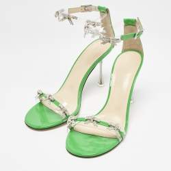 Pre Owned Mach & Mach Green Patent Leather and PVC Floating Crystal Bow Sandals Size 38