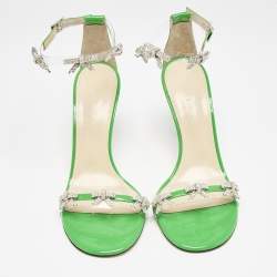 Pre Owned Mach & Mach Green Patent Leather and PVC Floating Crystal Bow Sandals Size 38