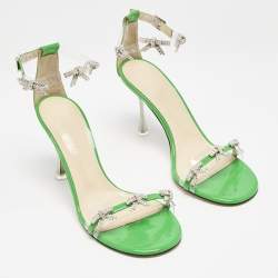 Pre Owned Mach & Mach Green Patent Leather and PVC Floating Crystal Bow Sandals Size 38