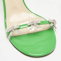 Pre Owned Mach & Mach Green Patent Leather and PVC Floating Crystal Bow Sandals Size 38