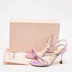 Pre Owned Mach & Mach Purple Iridescent Leather French Bow Sandals Size 38.5