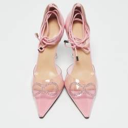 Mach & Mach Pink Leather and PVC Crystal Embellished Bow Ankle Wrap Sandals Size 40