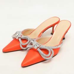 Mach & Mach Orange Satin Crystal Embellished Double Bow Mules Size 37