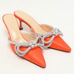 Mach & Mach Orange Satin Crystal Embellished Double Bow Mules Size 37