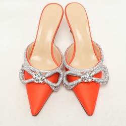 Mach & Mach Orange Satin Crystal Embellished Double Bow Mules Size 37