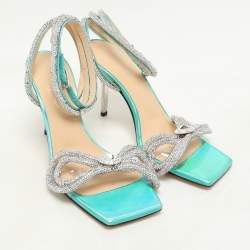 Mach & Mach Multicolor Iridescent Leather and PVC Crystal Embellished Bow Ankle Wrap Sandals Size 37 