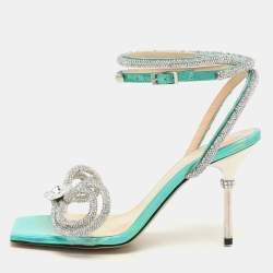 Mach & Mach Multicolor Iridescent Leather and PVC Crystal Embellished Bow Ankle Wrap Sandals Size 37 