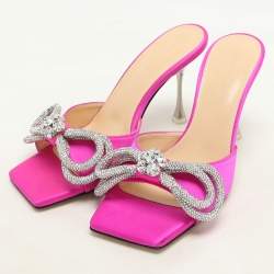 Mach & Mach Pink Satin Crystal Embellished Double Bow Slide Sandals Size 37