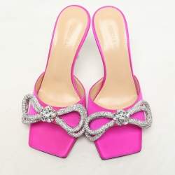 Mach & Mach Pink Satin Crystal Embellished Double Bow Slide Sandals Size 37