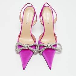 Mach & Mach Fuchsia Pink Satin Embellished Double Bow Slingback Pumps Size 37.5