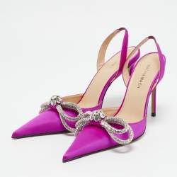 Mach & Mach Fuchsia Pink Satin Embellished Double Bow Slingback Pumps Size 37.5
