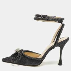 مملوكة مسبقًا Mach & Mach Black Glitter Leather Double Bow Ankle Wrap Pumps Size 37