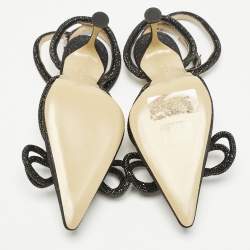 مملوكة مسبقًا Mach & Mach Black Glitter Leather Double Bow Ankle Wrap Pumps Size 37