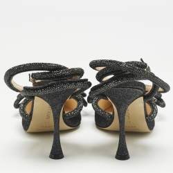 مملوكة مسبقًا Mach & Mach Black Glitter Leather Double Bow Ankle Wrap Pumps Size 37