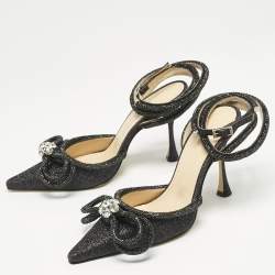 مملوكة مسبقًا Mach & Mach Black Glitter Leather Double Bow Ankle Wrap Pumps Size 37