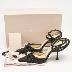 مملوكة مسبقًا Mach & Mach Black Glitter Leather Double Bow Ankle Wrap Pumps Size 37