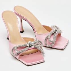Mach & Mach Light Pink Satin Crystal Embellished Double Bow Slide Sandals Size 39