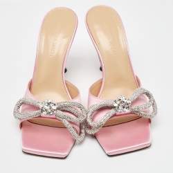 Mach & Mach Light Pink Satin Crystal Embellished Double Bow Slide Sandals Size 39