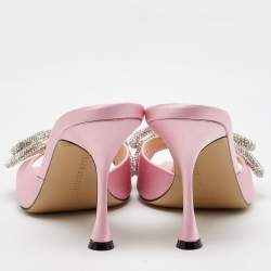 Mach & Mach Light Pink Satin Crystal Embellished Double Bow Slide Sandals Size 39