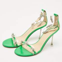 Mach & Mach Green Patent Leather and PVC Floating Crystal Bow Sandals Size 39.5