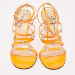 Mach & Mach Neon Orange Patent Leather Crystal Bow Camille Sandals Size 38.5