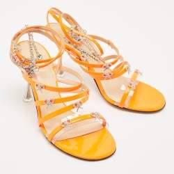 Mach & Mach Neon Orange Patent Leather Crystal Bow Camille Sandals Size 38.5