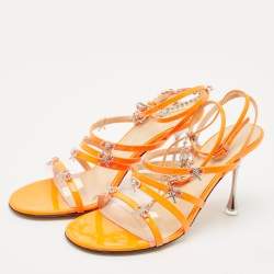 Mach & Mach Neon Orange Patent Leather Crystal Bow Camille Sandals Size 38.5