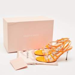 Mach & Mach Neon Orange Patent Leather Crystal Bow Camille Sandals Size 38.5