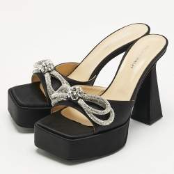Mach & Mach Black Satin Double Bow Platform Slide Sandals Size 41