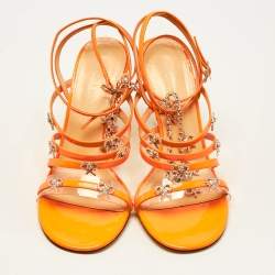 Mach & Mach Neon Orange Patent Leather Crystal Bow Camille Sandals Size 37