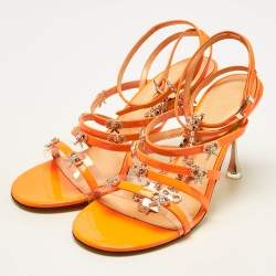 Mach & Mach Neon Orange Patent Leather Crystal Bow Camille Sandals Size 37