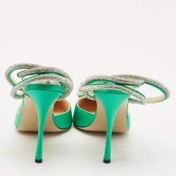 Mach & Mach Green Satin Crystal Embellished Triple Heart Ankle Wrap Pumps Size 41