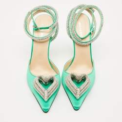 Mach & Mach Green Satin Crystal Embellished Triple Heart Ankle Wrap Pumps Size 41