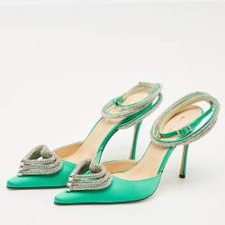 Mach & Mach Green Satin Crystal Embellished Triple Heart Ankle Wrap Pumps Size 41