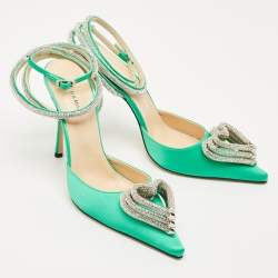 Mach & Mach Green Satin Crystal Embellished Triple Heart Ankle Wrap Pumps Size 41