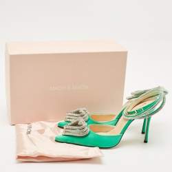 Mach & Mach Green Satin Crystal Embellished Triple Heart Ankle Wrap Pumps Size 41
