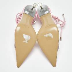 Pre Owned Mach & Mach Pink Leather and PVC Crystal Bow Ankle Strap Pumps Size 39