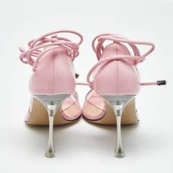 Pre Owned Mach & Mach Pink Leather and PVC Crystal Bow Ankle Strap Pumps Size 39