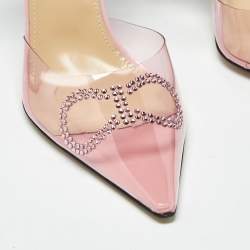 Pre Owned Mach & Mach Pink Leather and PVC Crystal Bow Ankle Strap Pumps Size 39