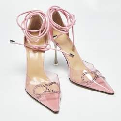 Pre Owned Mach & Mach Pink Leather and PVC Crystal Bow Ankle Strap Pumps Size 39